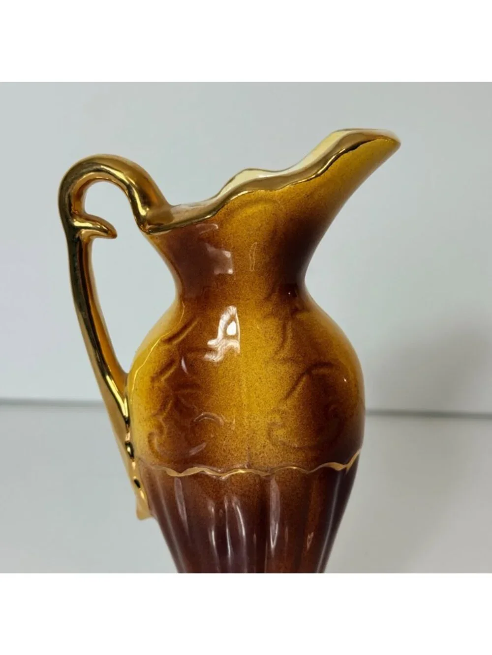 Vintage Mini Bud Vase 23K Gold Ceramic Ewer Pitcher Brown Amber Floral
